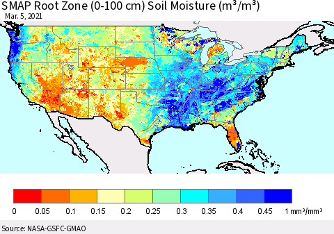 United States SMAP Root Zone (0-100 cm) Soil Moisture (m³/m³) Thematic Map For 3/1/2021 - 3/5/2021