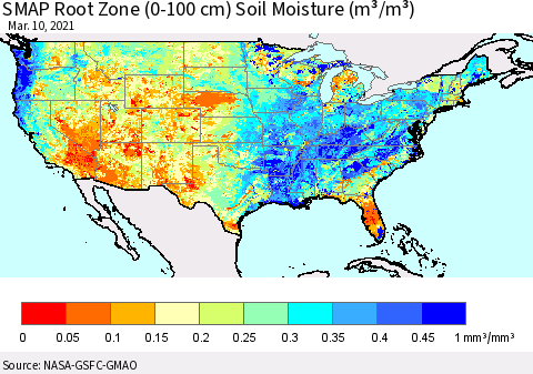 United States SMAP Root Zone (0-100 cm) Soil Moisture (m³/m³) Thematic Map For 3/6/2021 - 3/10/2021