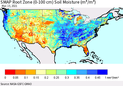 United States SMAP Root Zone (0-100 cm) Soil Moisture (m³/m³) Thematic Map For 3/11/2021 - 3/15/2021
