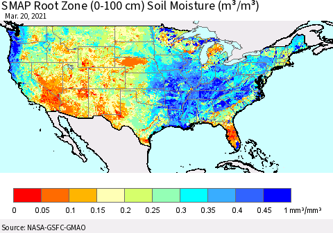 United States SMAP Root Zone (0-100 cm) Soil Moisture (m³/m³) Thematic Map For 3/16/2021 - 3/20/2021