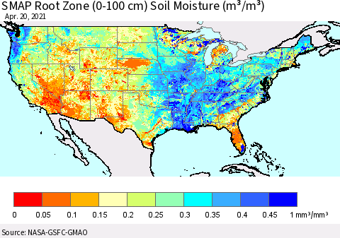 United States SMAP Root Zone (0-100 cm) Soil Moisture (m³/m³) Thematic Map For 4/16/2021 - 4/20/2021