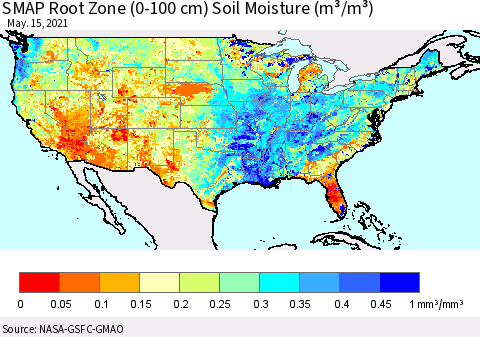 United States SMAP Root Zone (0-100 cm) Soil Moisture (m³/m³) Thematic Map For 5/11/2021 - 5/15/2021
