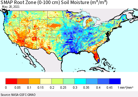 United States SMAP Root Zone (0-100 cm) Soil Moisture (m³/m³) Thematic Map For 5/16/2021 - 5/20/2021
