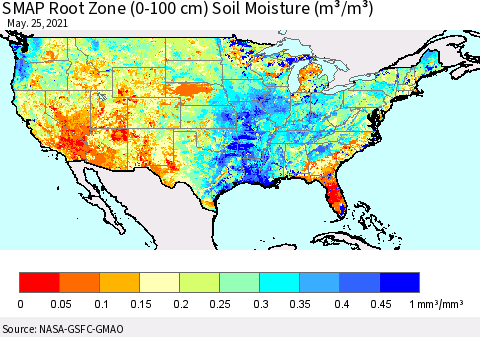 United States SMAP Root Zone (0-100 cm) Soil Moisture (m³/m³) Thematic Map For 5/21/2021 - 5/25/2021