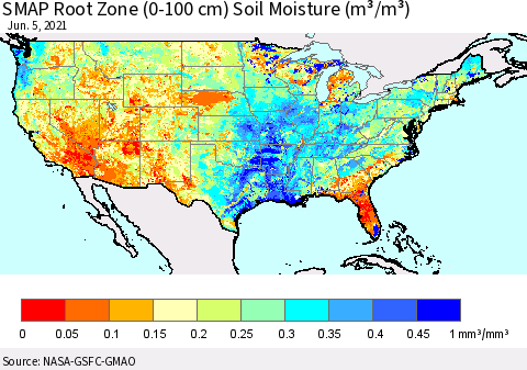 United States SMAP Root Zone (0-100 cm) Soil Moisture (m³/m³) Thematic Map For 6/1/2021 - 6/5/2021