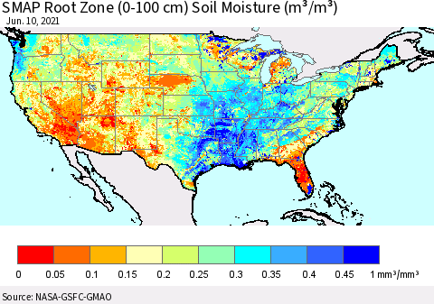 United States SMAP Root Zone (0-100 cm) Soil Moisture (m³/m³) Thematic Map For 6/6/2021 - 6/10/2021