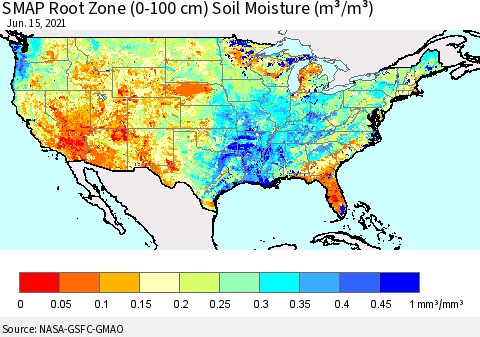 United States SMAP Root Zone (0-100 cm) Soil Moisture (m³/m³) Thematic Map For 6/11/2021 - 6/15/2021