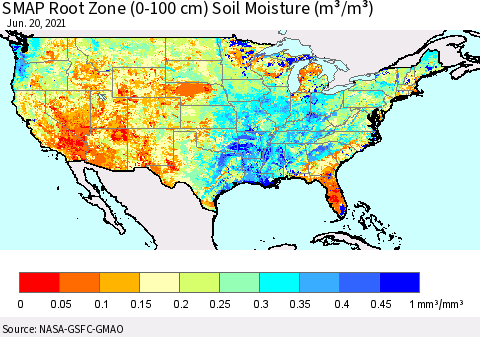 United States SMAP Root Zone (0-100 cm) Soil Moisture (m³/m³) Thematic Map For 6/16/2021 - 6/20/2021