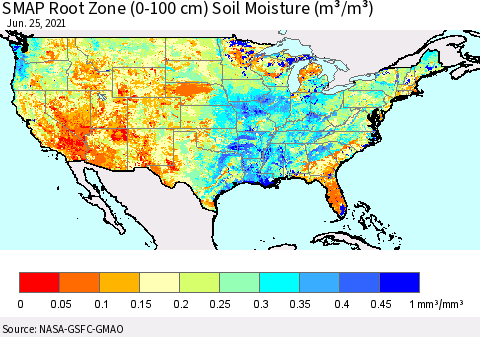 United States SMAP Root Zone (0-100 cm) Soil Moisture (m³/m³) Thematic Map For 6/21/2021 - 6/25/2021