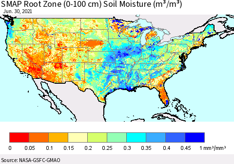 United States SMAP Root Zone (0-100 cm) Soil Moisture (m³/m³) Thematic Map For 6/26/2021 - 6/30/2021