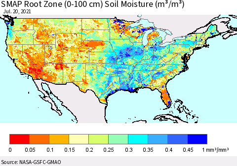 United States SMAP Root Zone (0-100 cm) Soil Moisture (m³/m³) Thematic Map For 7/16/2021 - 7/20/2021