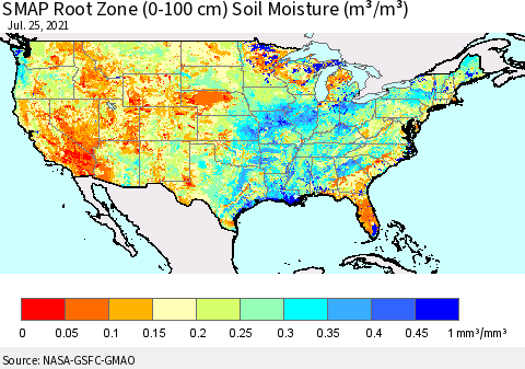 United States SMAP Root Zone (0-100 cm) Soil Moisture (m³/m³) Thematic Map For 7/21/2021 - 7/25/2021
