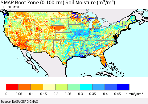 United States SMAP Root Zone (0-100 cm) Soil Moisture (m³/m³) Thematic Map For 7/26/2021 - 7/31/2021