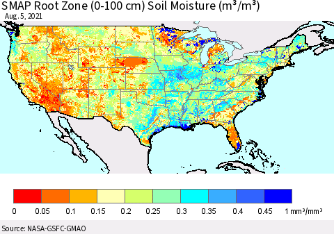 United States SMAP Root Zone (0-100 cm) Soil Moisture (m³/m³) Thematic Map For 8/1/2021 - 8/5/2021