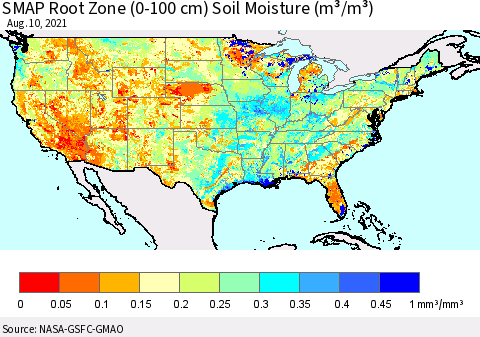 United States SMAP Root Zone (0-100 cm) Soil Moisture (m³/m³) Thematic Map For 8/6/2021 - 8/10/2021
