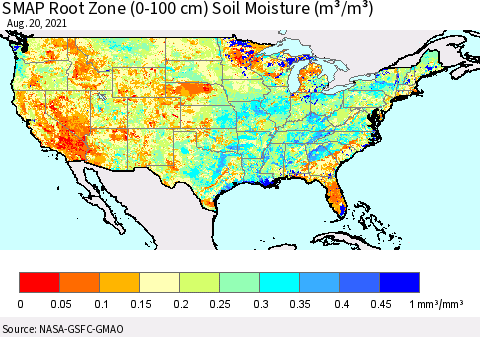 United States SMAP Root Zone (0-100 cm) Soil Moisture (m³/m³) Thematic Map For 8/16/2021 - 8/20/2021