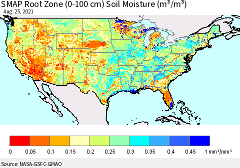 United States SMAP Root Zone (0-100 cm) Soil Moisture (m³/m³) Thematic Map For 8/21/2021 - 8/25/2021