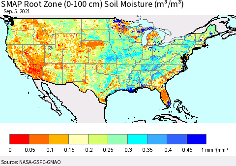 United States SMAP Root Zone (0-100 cm) Soil Moisture (m³/m³) Thematic Map For 9/1/2021 - 9/5/2021