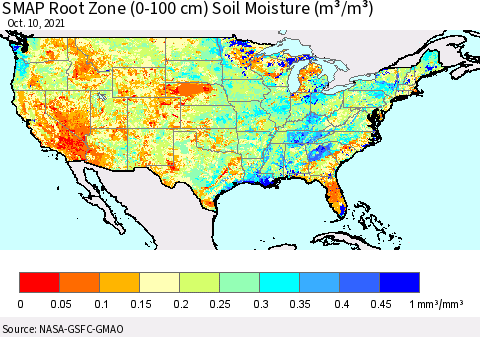 United States SMAP Root Zone (0-100 cm) Soil Moisture (m³/m³) Thematic Map For 10/6/2021 - 10/10/2021