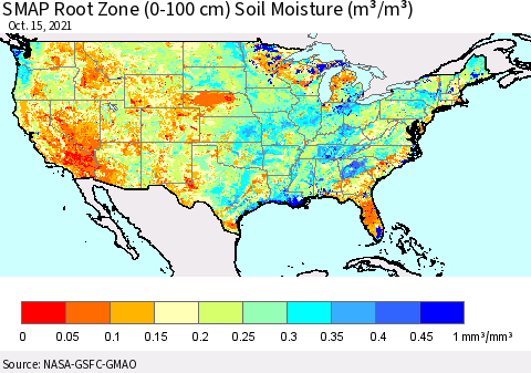 United States SMAP Root Zone (0-100 cm) Soil Moisture (m³/m³) Thematic Map For 10/11/2021 - 10/15/2021