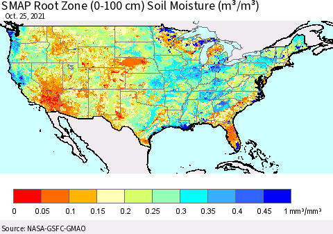 United States SMAP Root Zone (0-100 cm) Soil Moisture (m³/m³) Thematic Map For 10/21/2021 - 10/25/2021