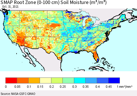 United States SMAP Root Zone (0-100 cm) Soil Moisture (m³/m³) Thematic Map For 10/26/2021 - 10/31/2021