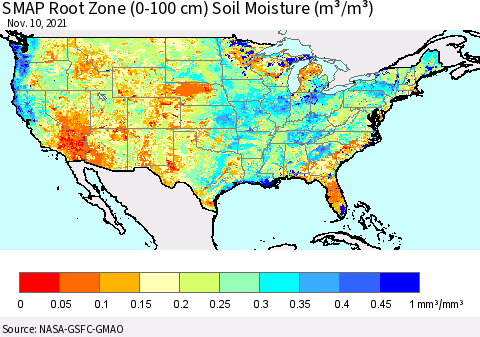 United States SMAP Root Zone (0-100 cm) Soil Moisture (m³/m³) Thematic Map For 11/6/2021 - 11/10/2021