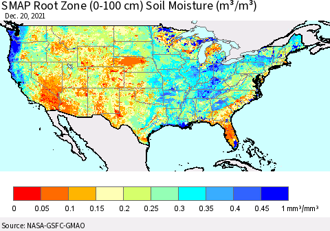 United States SMAP Root Zone (0-100 cm) Soil Moisture (m³/m³) Thematic Map For 12/16/2021 - 12/20/2021