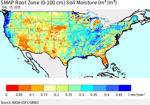 United States SMAP Root Zone (0-100 cm) Soil Moisture (m³/m³) Thematic Map For 12/21/2021 - 12/25/2021