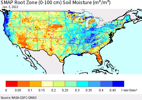 United States SMAP Root Zone (0-100 cm) Soil Moisture (m³/m³) Thematic Map For 1/1/2022 - 1/5/2022