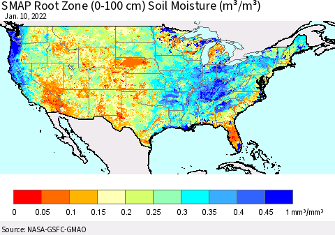United States SMAP Root Zone (0-100 cm) Soil Moisture (m³/m³) Thematic Map For 1/6/2022 - 1/10/2022
