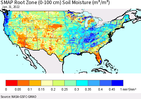 United States SMAP Root Zone (0-100 cm) Soil Moisture (m³/m³) Thematic Map For 1/26/2022 - 1/31/2022