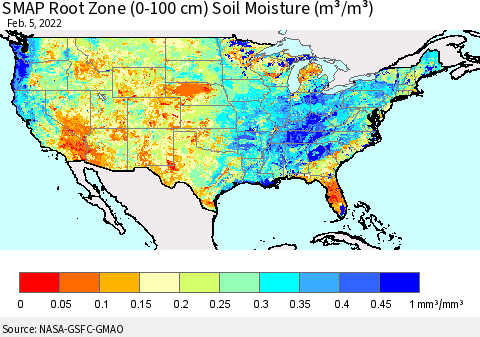 United States SMAP Root Zone (0-100 cm) Soil Moisture (m³/m³) Thematic Map For 2/1/2022 - 2/5/2022