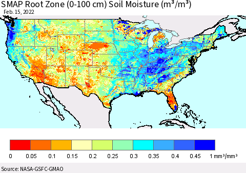 United States SMAP Root Zone (0-100 cm) Soil Moisture (m³/m³) Thematic Map For 2/11/2022 - 2/15/2022