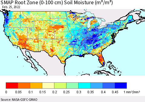 United States SMAP Root Zone (0-100 cm) Soil Moisture (m³/m³) Thematic Map For 2/21/2022 - 2/25/2022