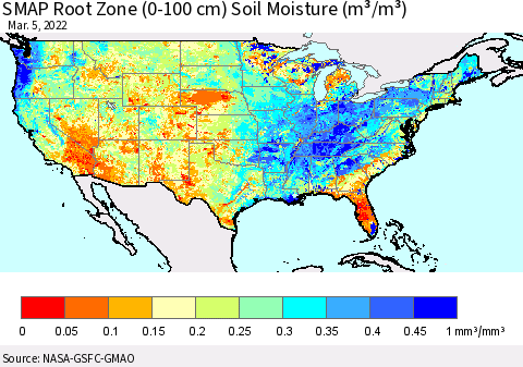 United States SMAP Root Zone (0-100 cm) Soil Moisture (m³/m³) Thematic Map For 3/1/2022 - 3/5/2022