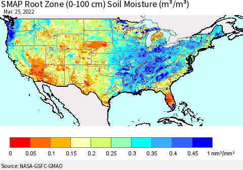 United States SMAP Root Zone (0-100 cm) Soil Moisture (m³/m³) Thematic Map For 3/21/2022 - 3/25/2022