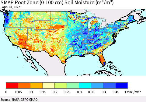 United States SMAP Root Zone (0-100 cm) Soil Moisture (m³/m³) Thematic Map For 4/6/2022 - 4/10/2022