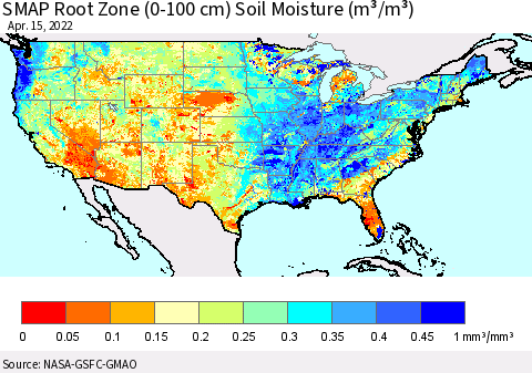 United States SMAP Root Zone (0-100 cm) Soil Moisture (m³/m³) Thematic Map For 4/11/2022 - 4/15/2022