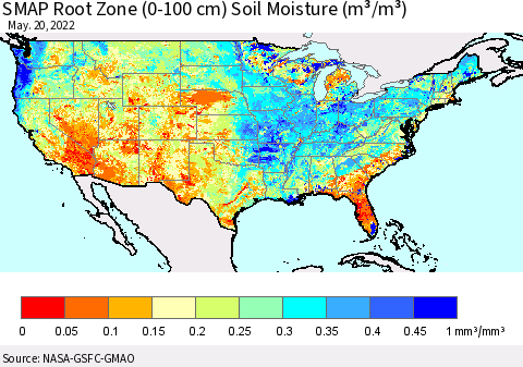 United States SMAP Root Zone (0-100 cm) Soil Moisture (m³/m³) Thematic Map For 5/16/2022 - 5/20/2022