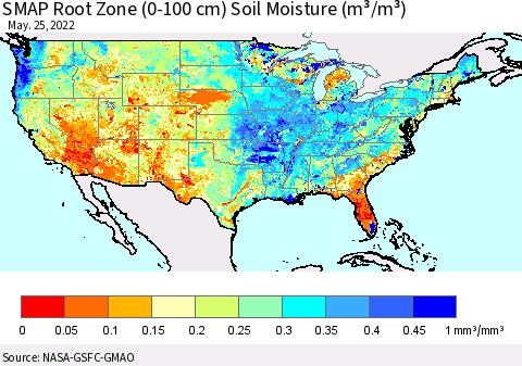 United States SMAP Root Zone (0-100 cm) Soil Moisture (m³/m³) Thematic Map For 5/21/2022 - 5/25/2022
