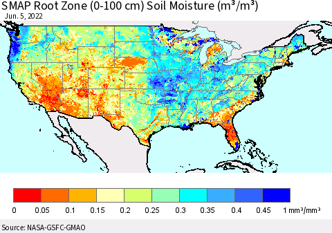 United States SMAP Root Zone (0-100 cm) Soil Moisture (m³/m³) Thematic Map For 6/1/2022 - 6/5/2022