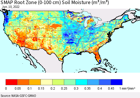 United States SMAP Root Zone (0-100 cm) Soil Moisture (m³/m³) Thematic Map For 6/6/2022 - 6/10/2022