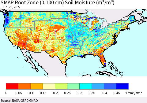 United States SMAP Root Zone (0-100 cm) Soil Moisture (m³/m³) Thematic Map For 6/16/2022 - 6/20/2022