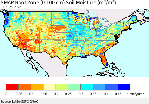 United States SMAP Root Zone (0-100 cm) Soil Moisture (m³/m³) Thematic Map For 6/21/2022 - 6/25/2022