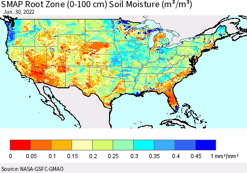 United States SMAP Root Zone (0-100 cm) Soil Moisture (m³/m³) Thematic Map For 6/26/2022 - 6/30/2022