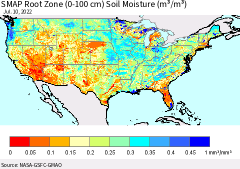 United States SMAP Root Zone (0-100 cm) Soil Moisture (m³/m³) Thematic Map For 7/6/2022 - 7/10/2022