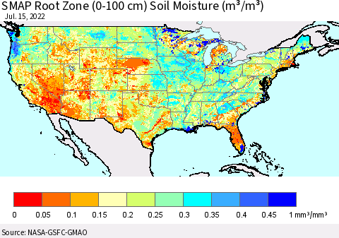 United States SMAP Root Zone (0-100 cm) Soil Moisture (m³/m³) Thematic Map For 7/11/2022 - 7/15/2022
