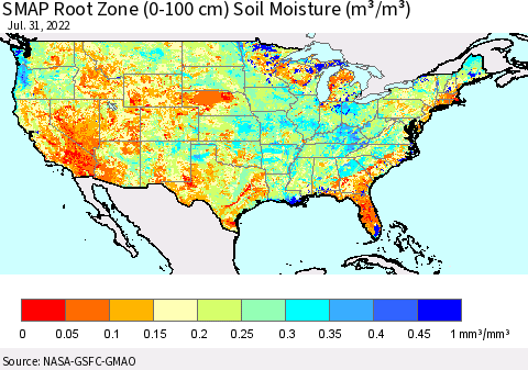 United States SMAP Root Zone (0-100 cm) Soil Moisture (m³/m³) Thematic Map For 7/26/2022 - 7/31/2022