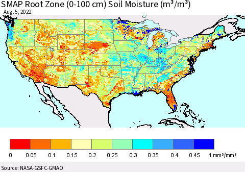 United States SMAP Root Zone (0-100 cm) Soil Moisture (m³/m³) Thematic Map For 8/1/2022 - 8/5/2022